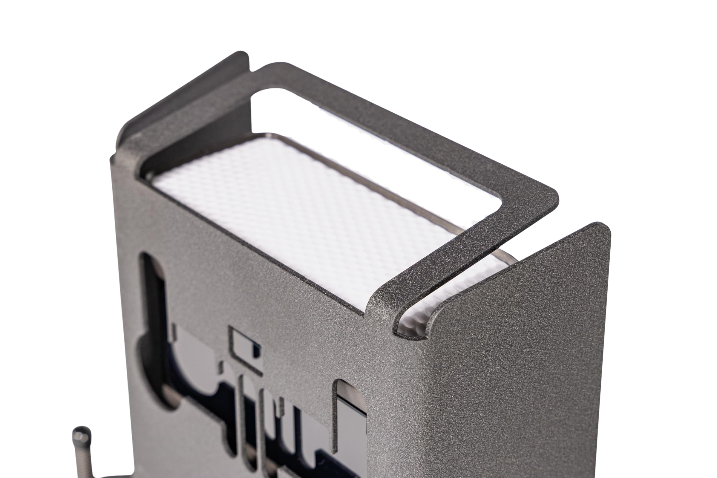 SkyTrak metal case opened to show custom foam interior keeping SkyTrak snug and protected