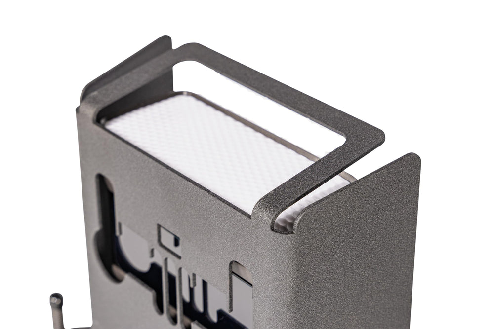 SkyTrak metal case opened to show custom foam interior keeping SkyTrak snug and protected
