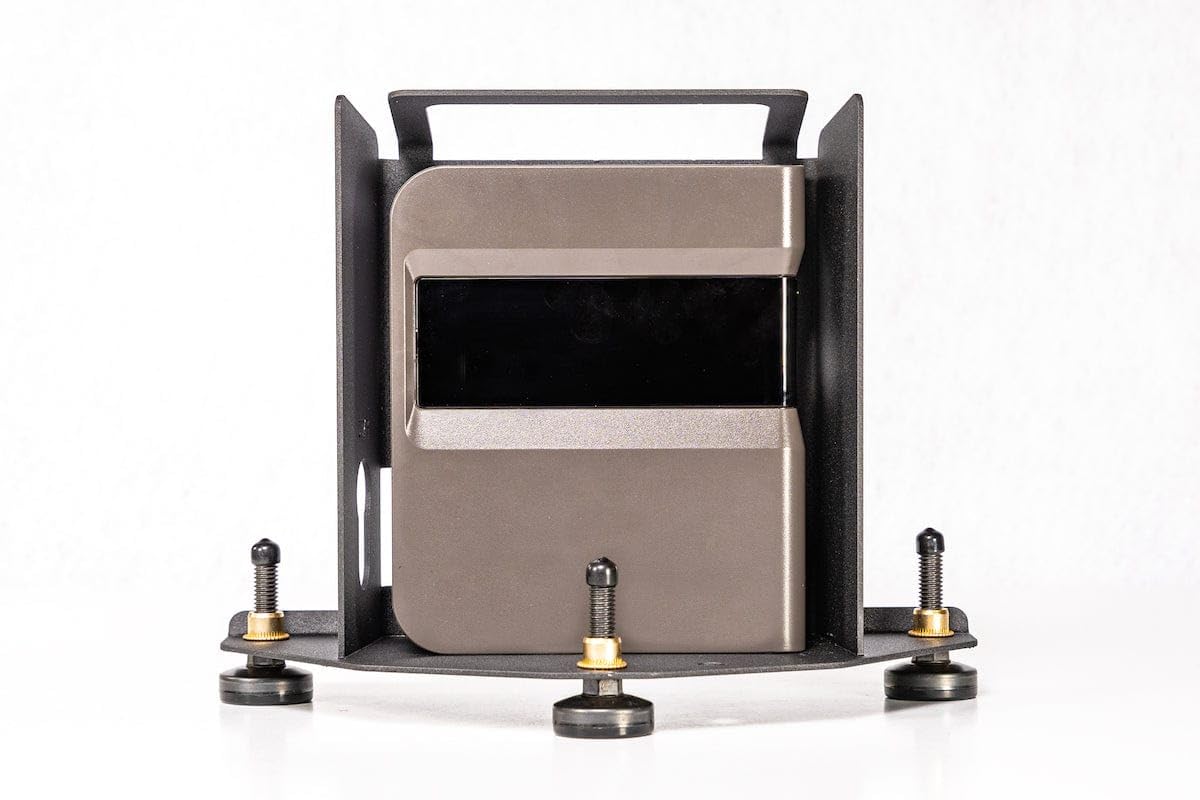 SkyTrak metal case with SkyTrak inside at a simulator showing ready-to-play protection