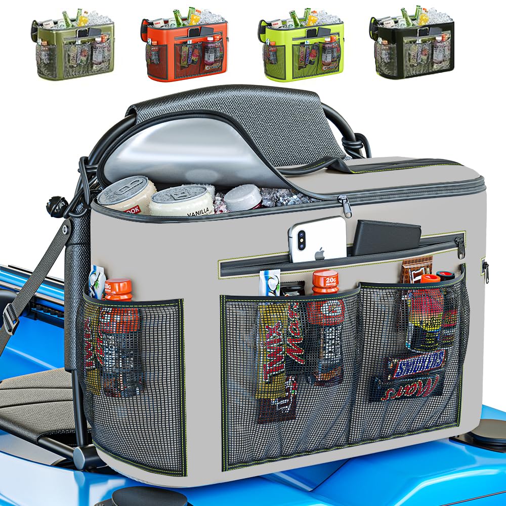 Skywin front view of grey kayak cooler showing compact profile and zipper, space-saving