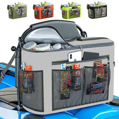 Skywin front view of grey kayak cooler showing compact profile and zipper, space-saving