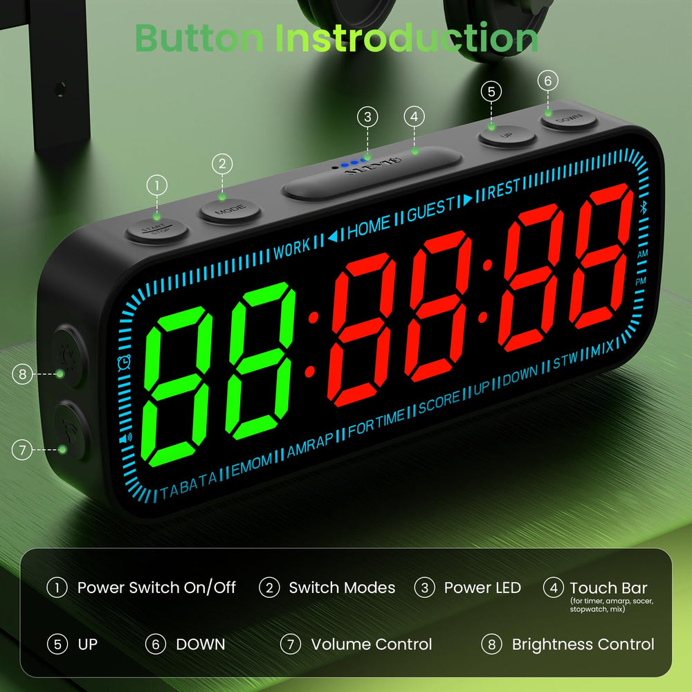 SLEVIO TIMER next to a handrail showing compact size and portable gym convenience