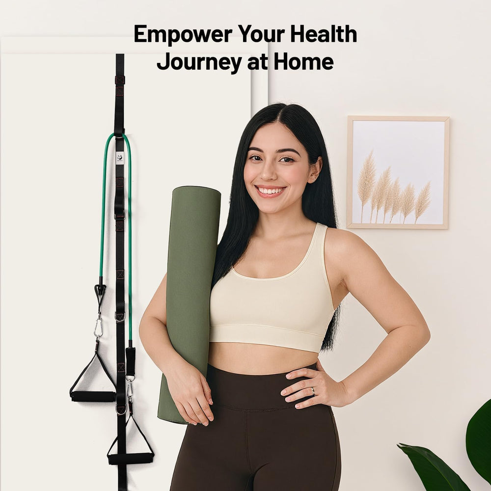 Slim Panda strap next to doorframe showing scale and clearance, compact-storage benefit