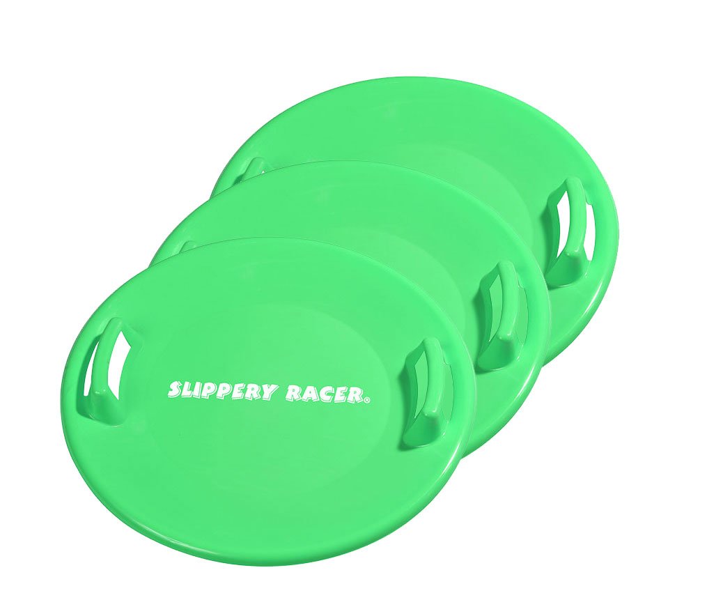 Slippery Racer front view of green saucer sled showing shape and speed benefit