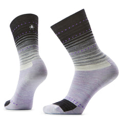 Smartwool front view purple and black crew socks showing pattern and fit