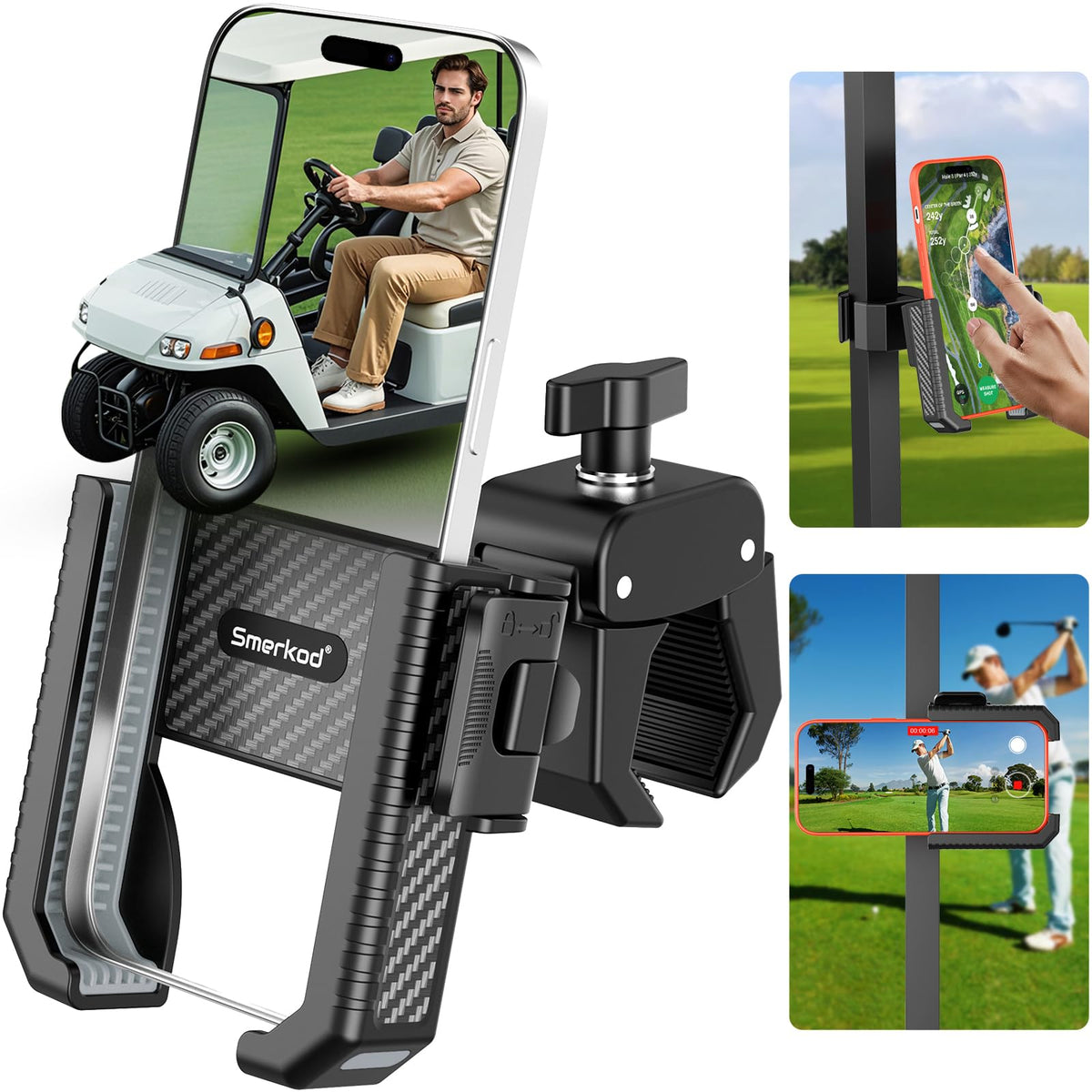 Smerkod front view mounted on golf cart showing stable phone access