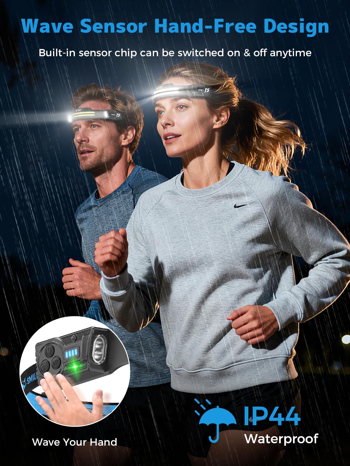 Smiling Shark headlamp worn on trail providing bright hands-free visibility