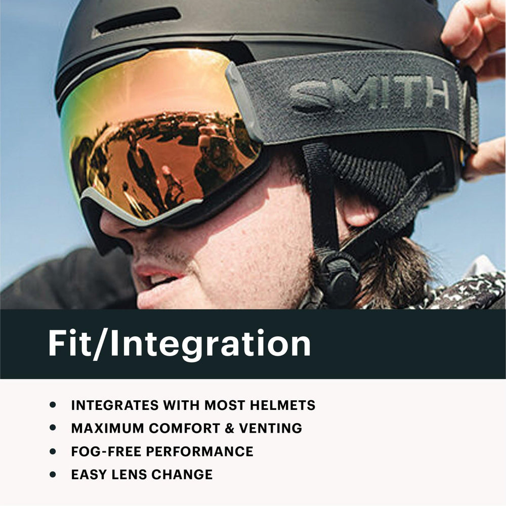 SMITH goggles next to helmet showing compatibility and scale