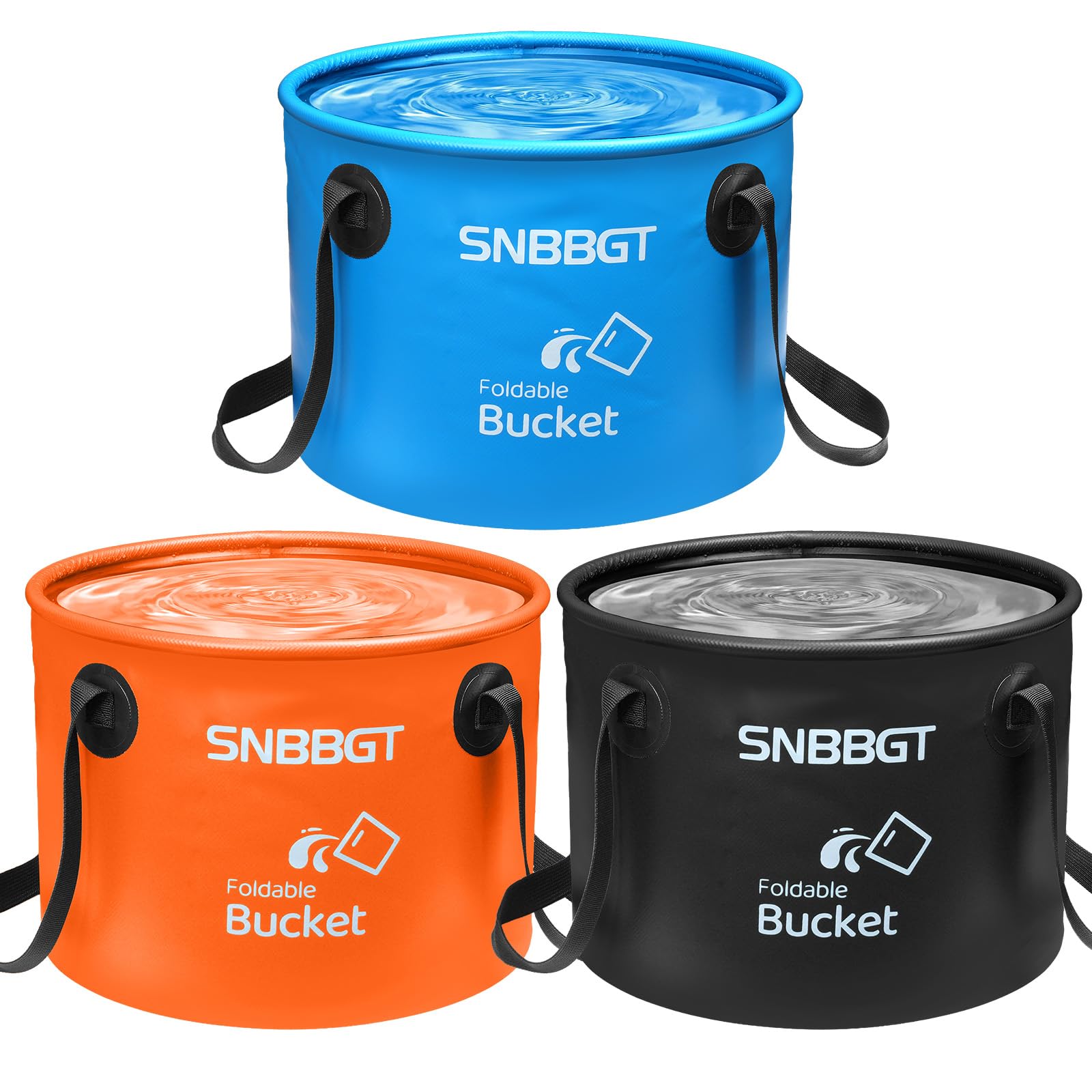 SNBBGT front view of three folded buckets showing compact storage benefit