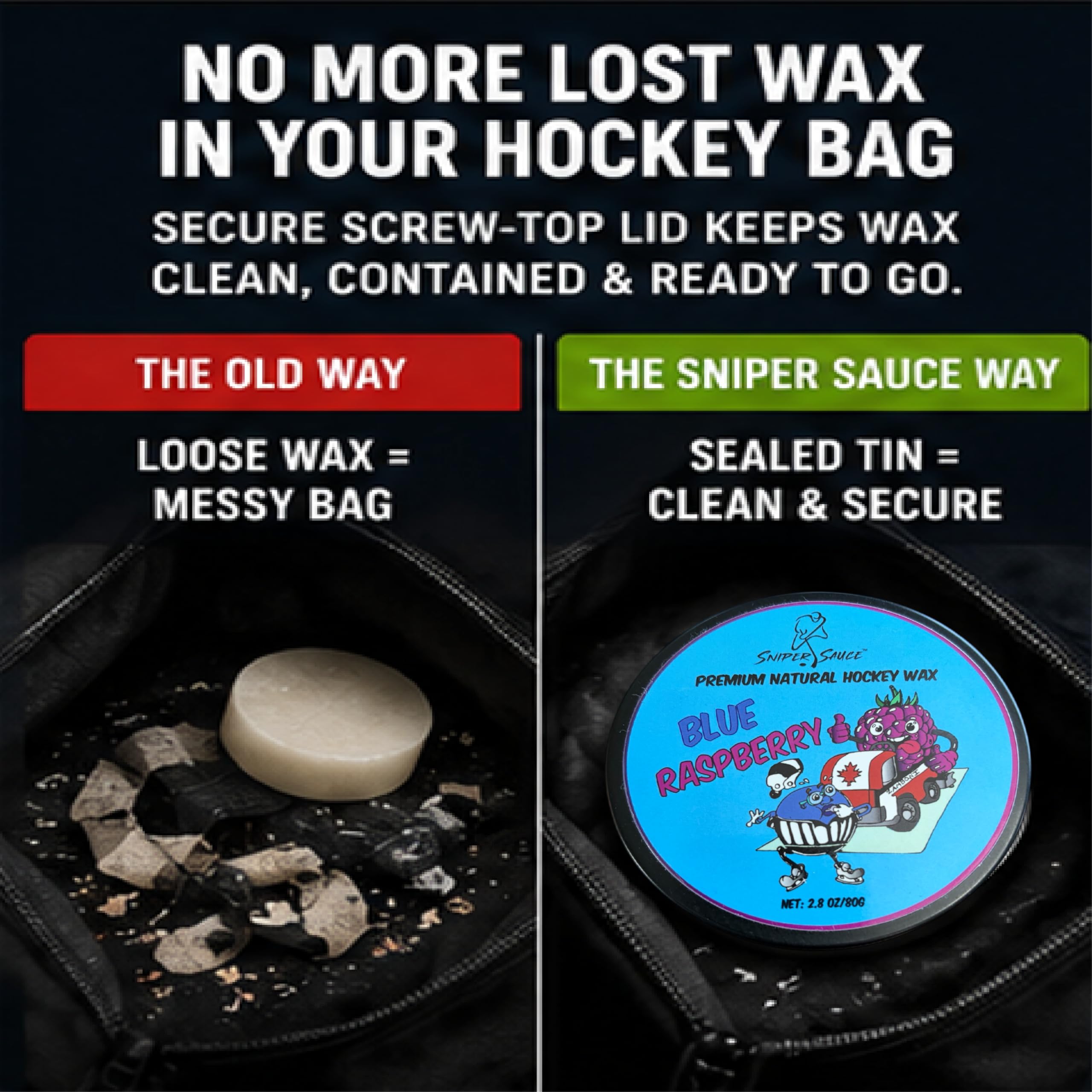 Sniper Sauce beside a hockey puck for size comparison and portability benefit