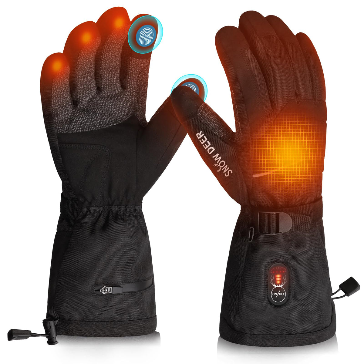 SNOW DEER gloves front packaging showing features and benefit of fast heat