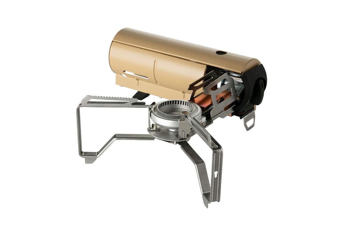Snow Peak burner front view showing compact khaki design and portability benefit