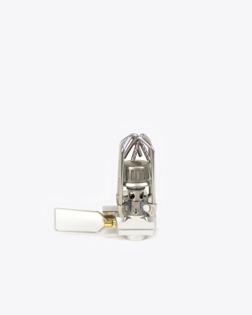 Snow Peak stove lit with blue flame demonstrating efficient 10,000 BTU heat
