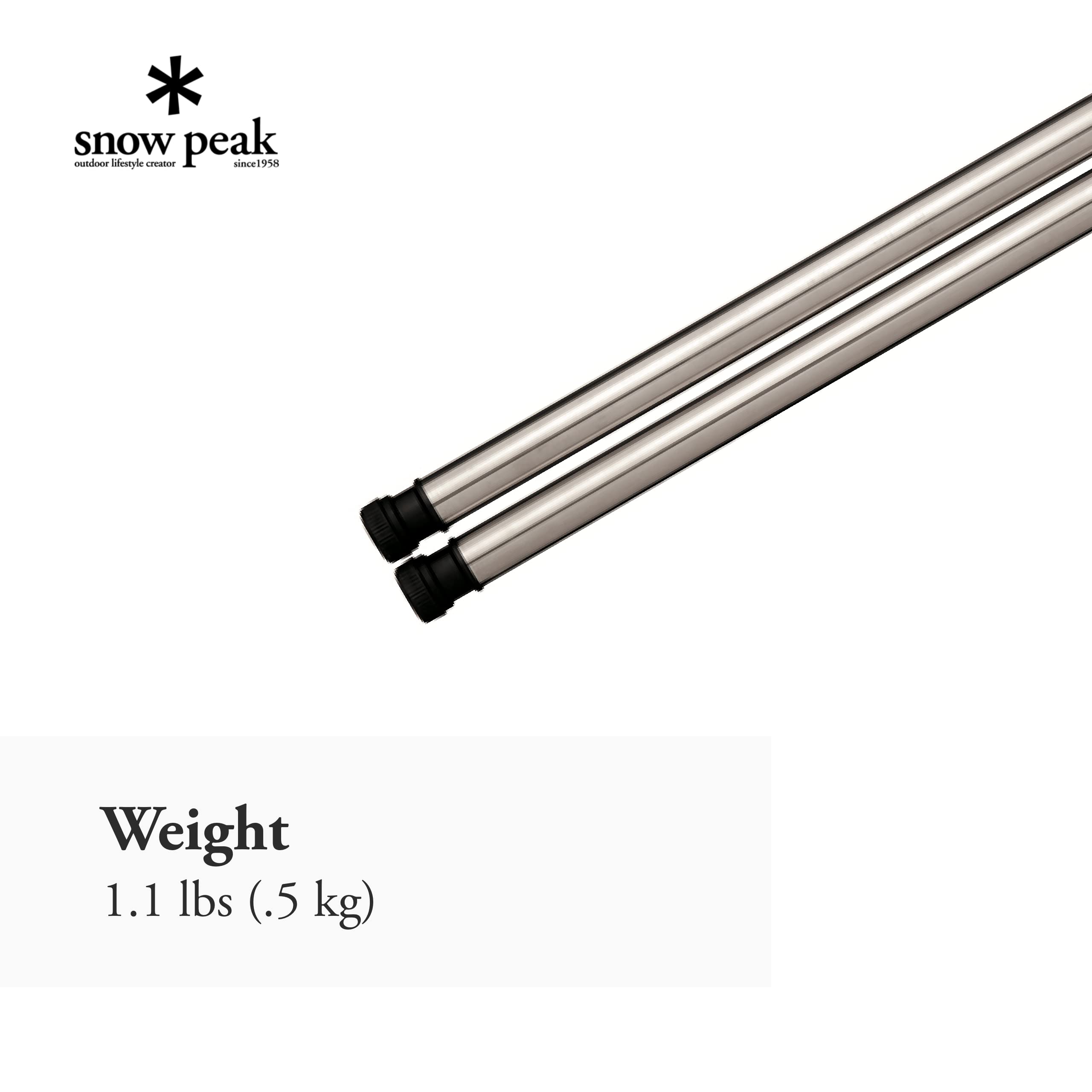 Snow Peak legs next to hand for size scale illustrating compact lightweight carry