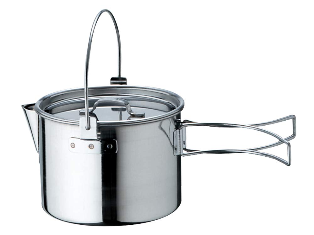 Snow Peak kettle front view showing polished stainless finish and compact profile for durable boiling