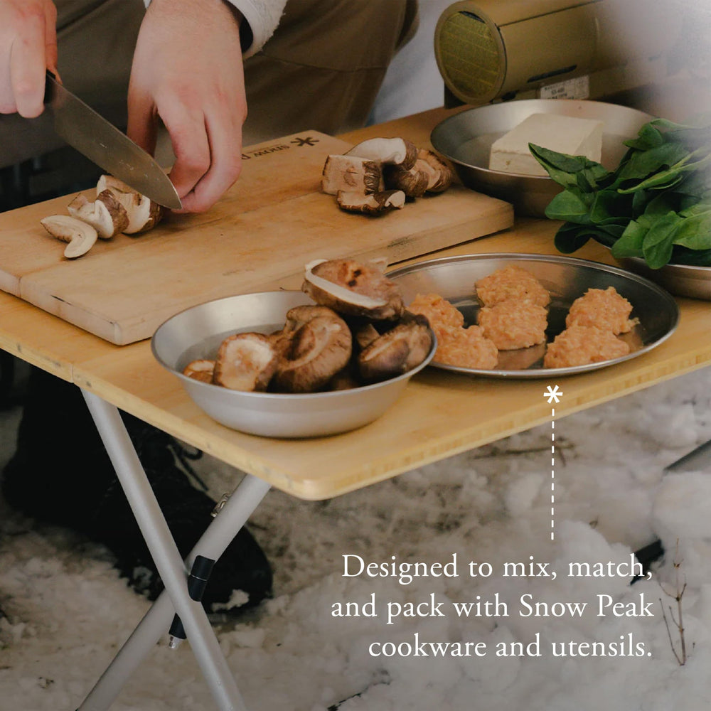 Snow Peak plate on camp table lifestyle scene promoting durable elegance