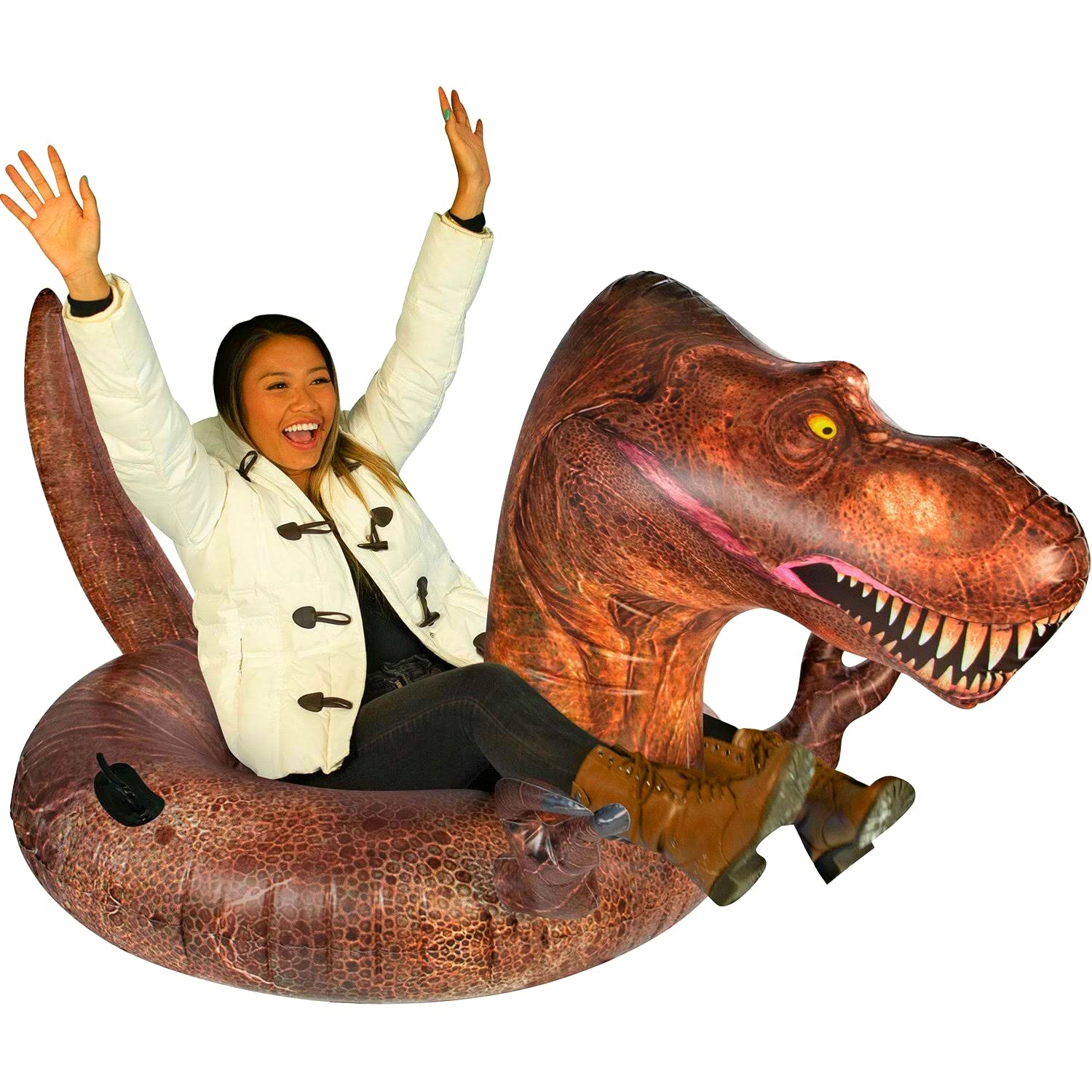 SNOWCANDY 42" T‑Rex front view showing bright design and fast glide