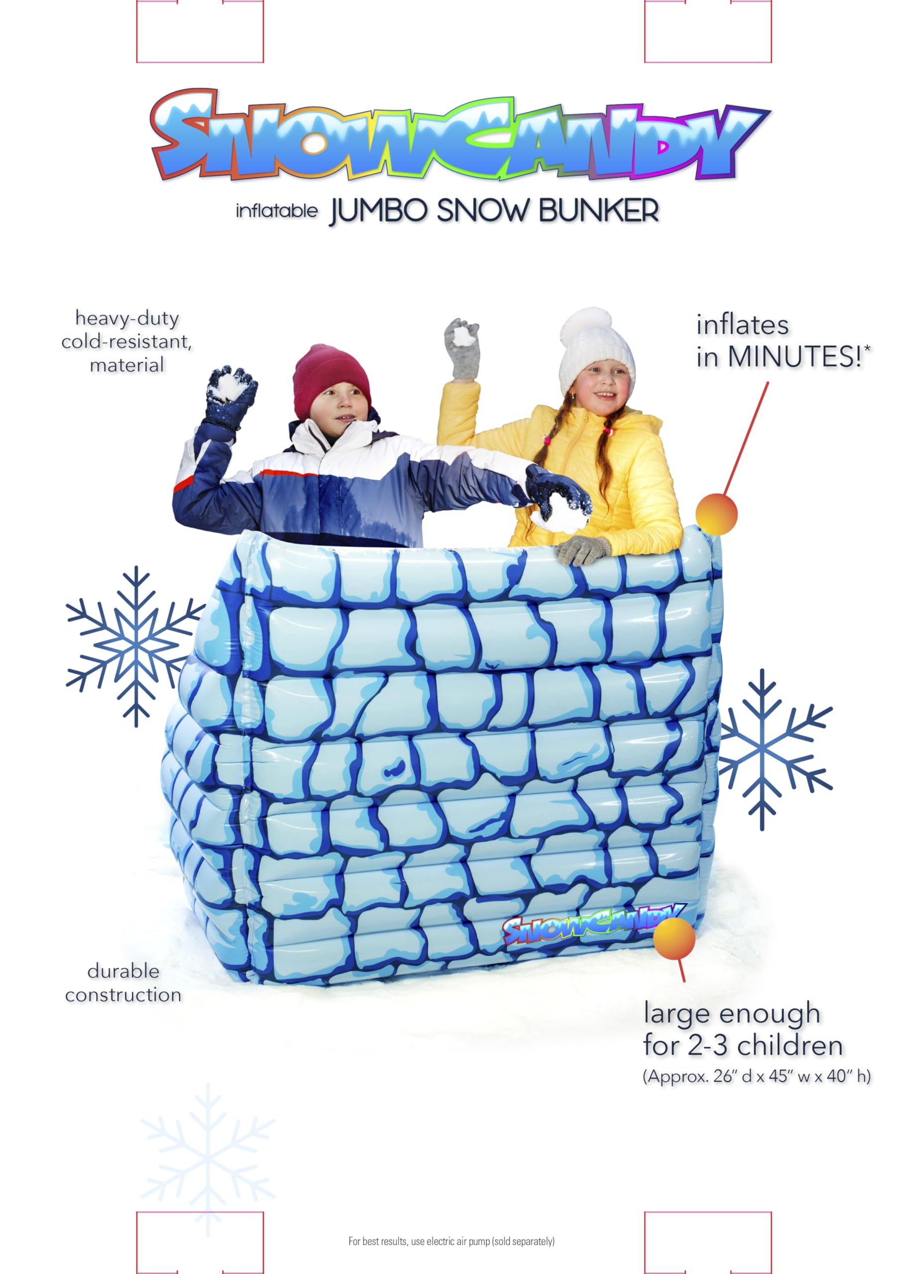 SNOWCANDY bunker next to adult and child showing large size and coverage for multiple players
