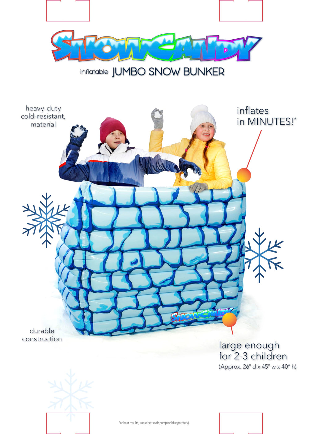SNOWCANDY bunker next to adult and child showing large size and coverage for multiple players
