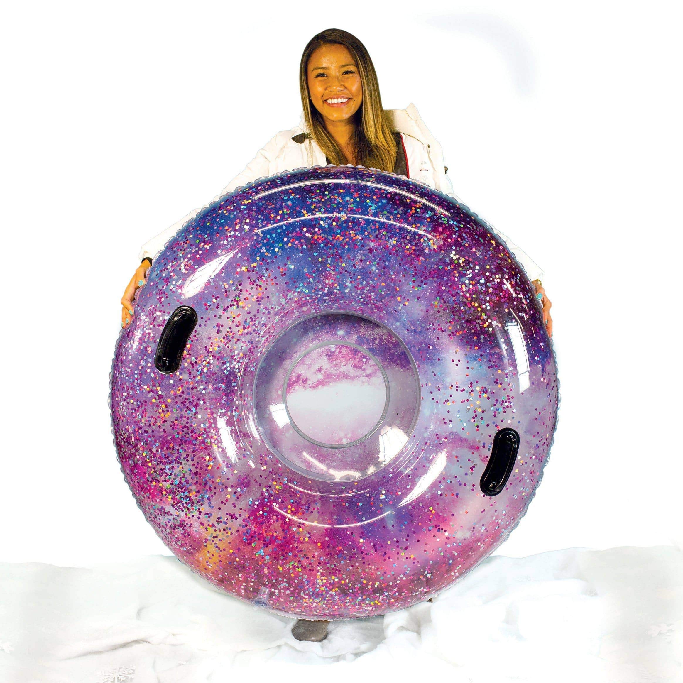 SNOWCANDY front view of galaxy snow tube showing Hubble image and shimmer benefit