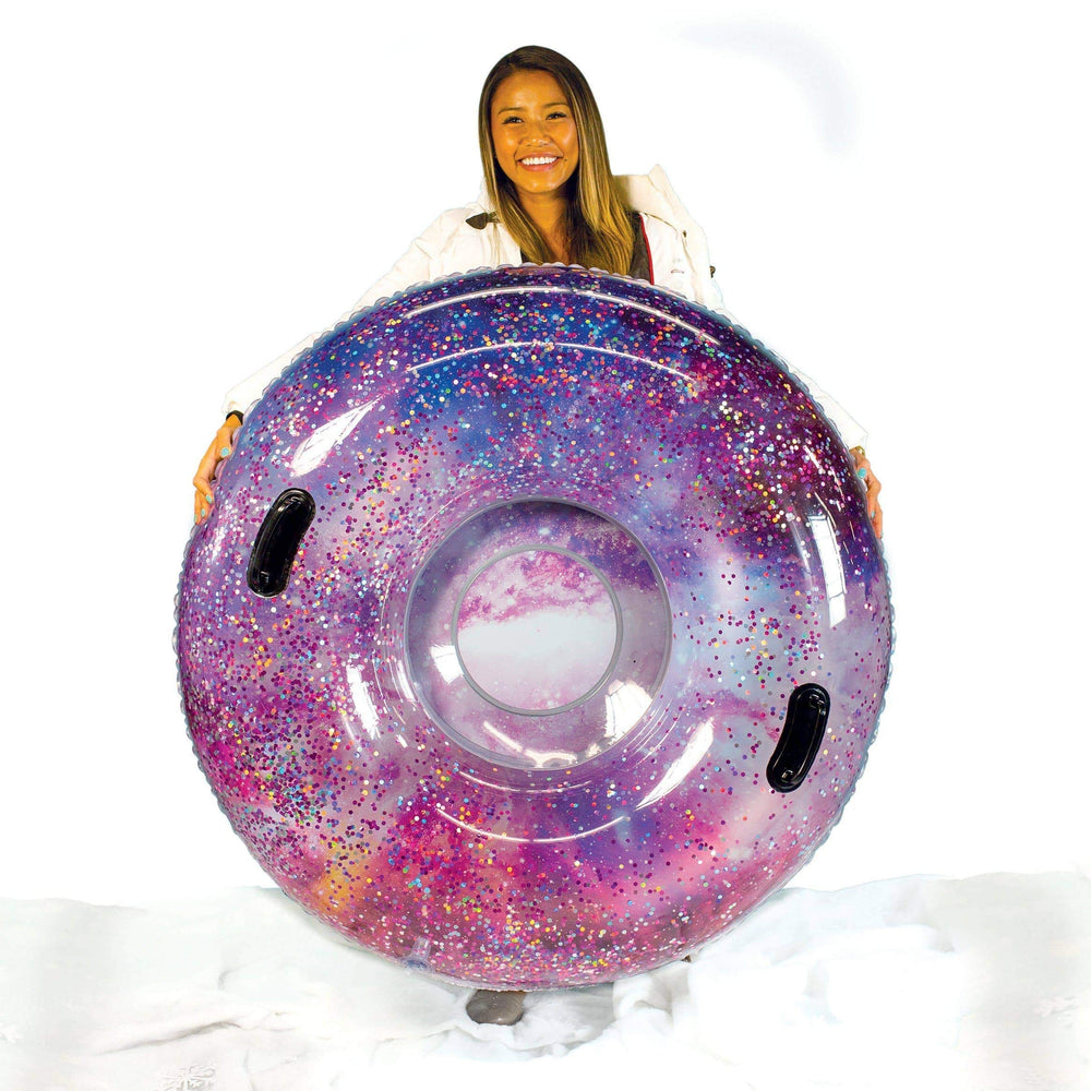SNOWCANDY front view of galaxy snow tube showing Hubble image and shimmer benefit
