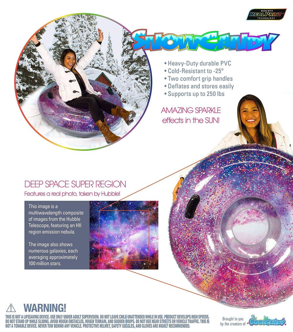 SNOWCANDY snow tube in use on hill demonstrating stability and downhill speed benefit