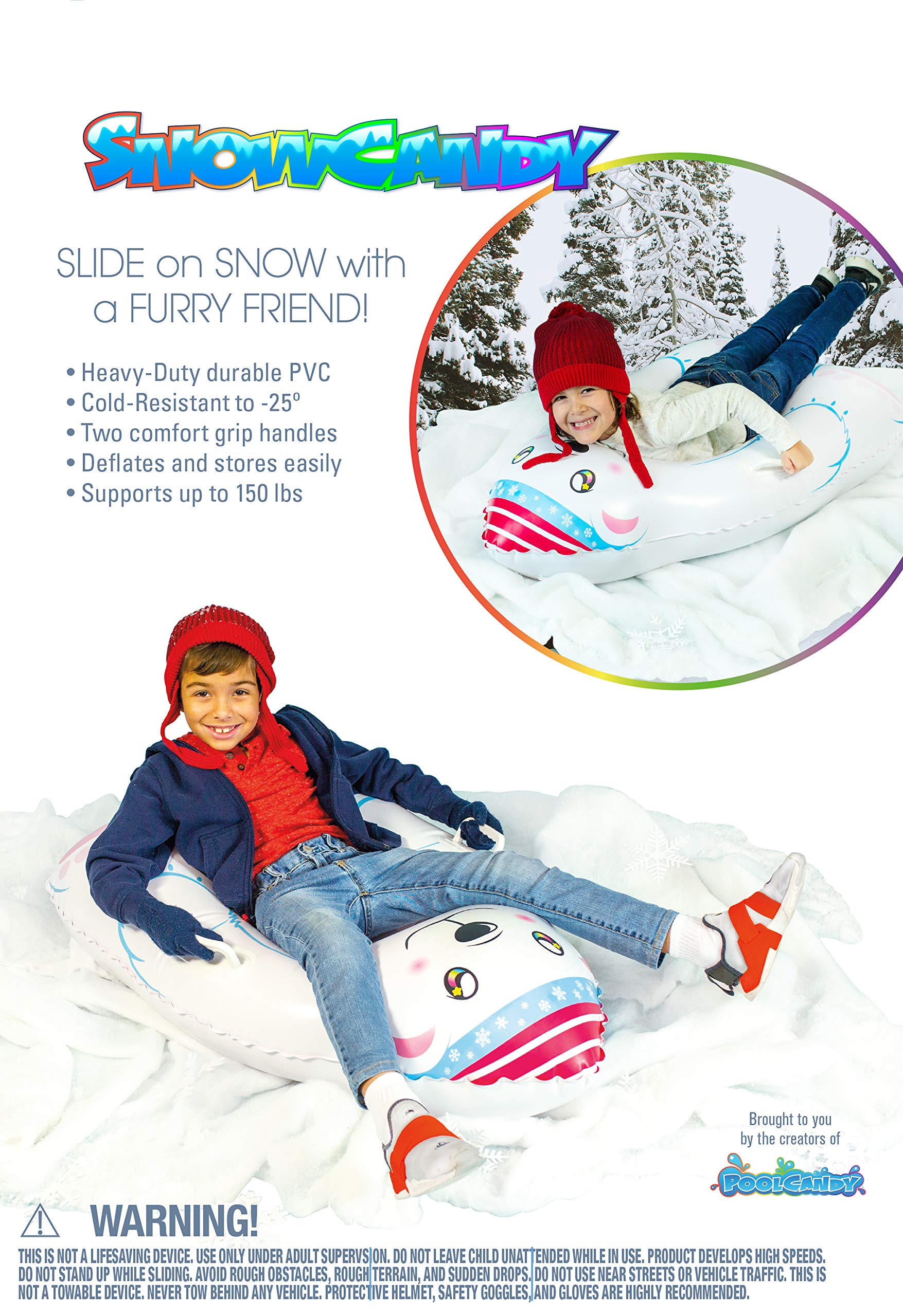 SNOWCANDY valve and label closeup for easy inflation