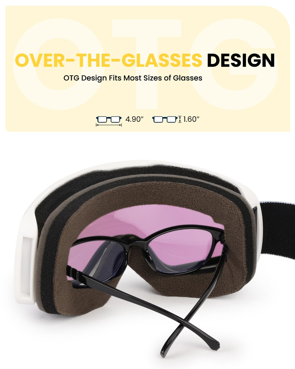 SNOWER frame cutout OTG view demonstrating eyeglasses compatibility benefit