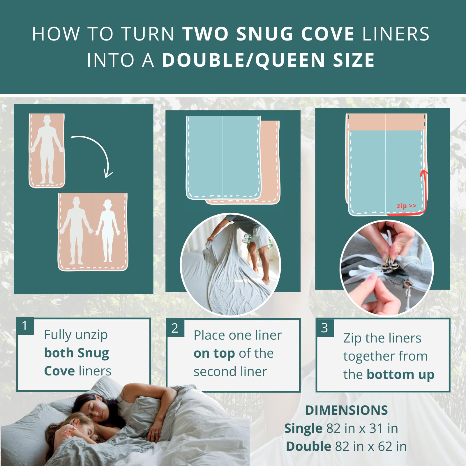Snug Cove liner next to ruler and hand showing 82 x 31.5 inch single-sleeper scale