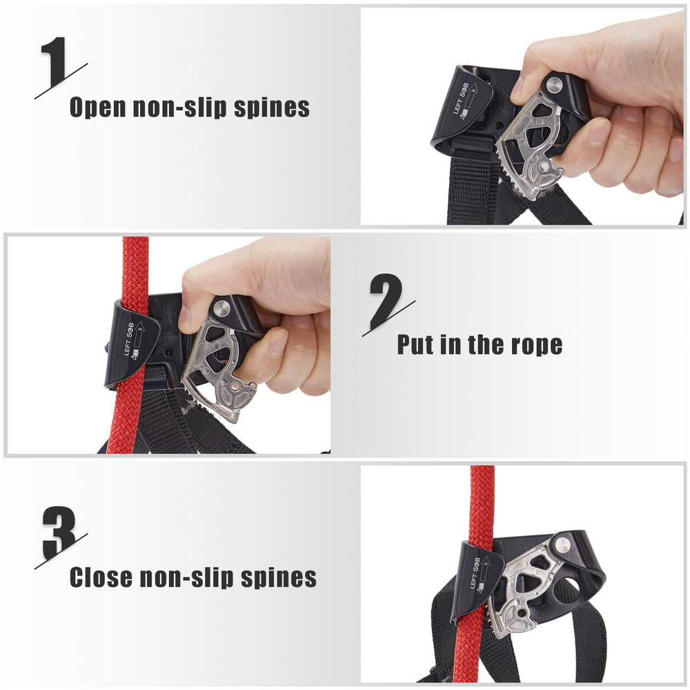 SOB ascender in use on a rope showing efficient foot-driven upward movement