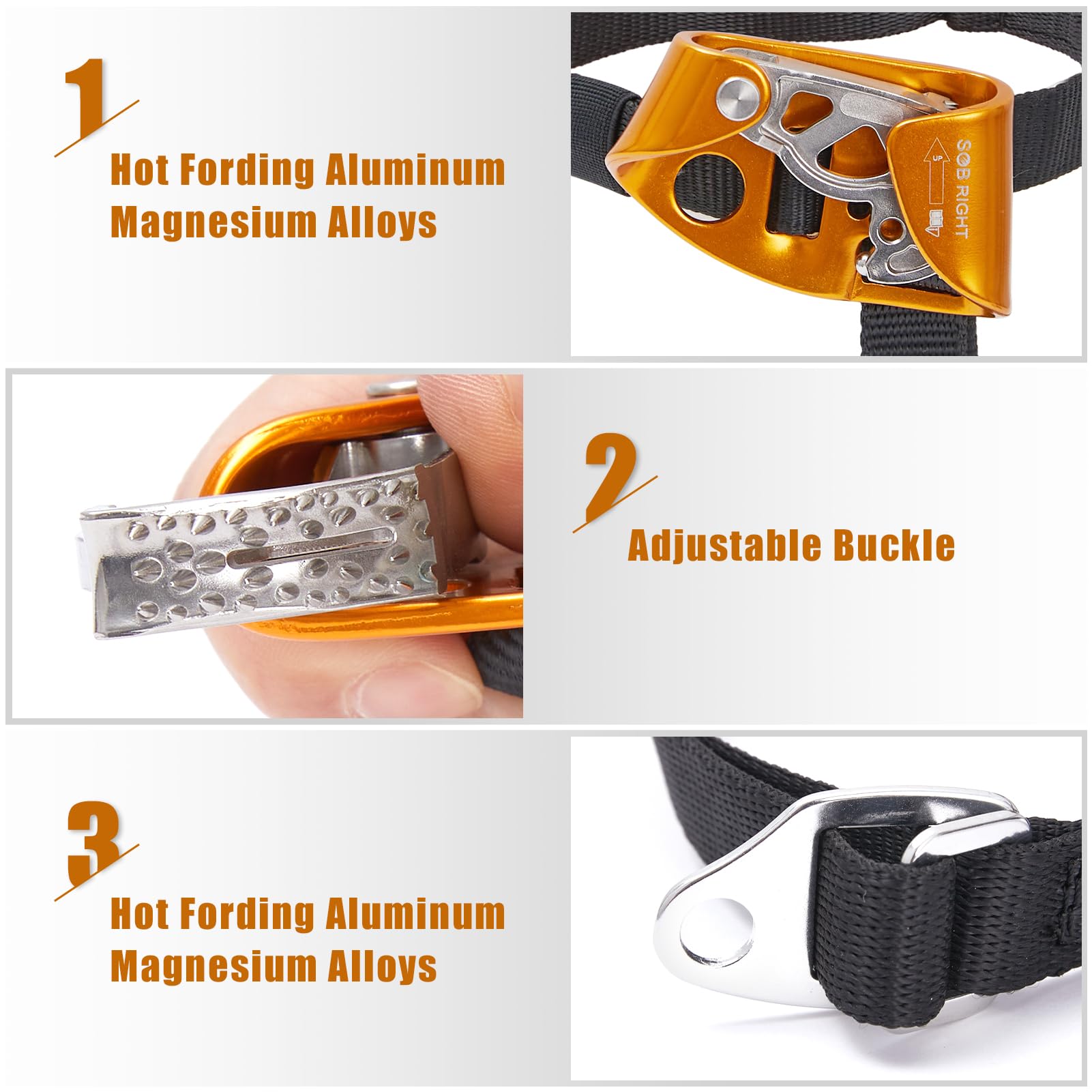 SOB ascender straps and steel double-back buckle detail for reliable fastening