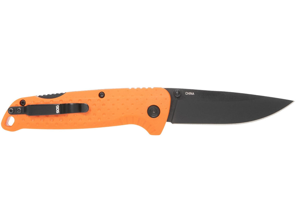 SOG Adventurer LB blade closeup highlighting satin CRYO 5CR15MOV steel, corrosion resistance