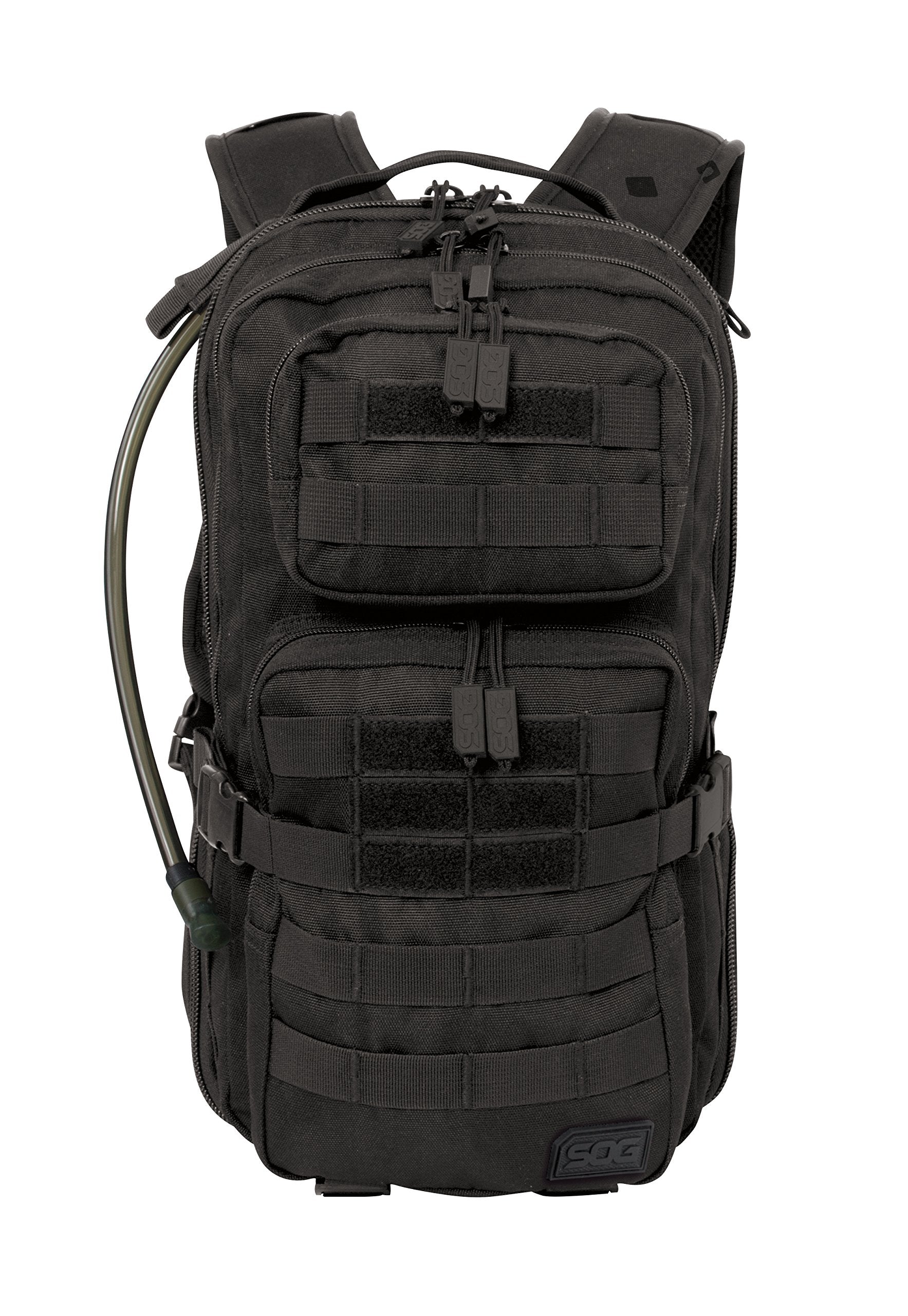 SOG Opcon 2‑liter hydration reservoir closeup, clear tube and bite valve benefit