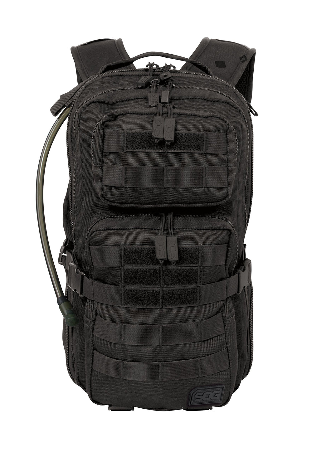 SOG Opcon 2‑liter hydration reservoir closeup, clear tube and bite valve benefit
