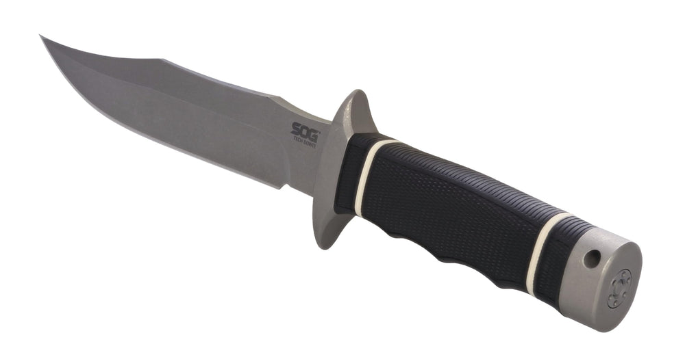 SOG Tech Bowie handle detail showing textured Kraton grip for secure hold