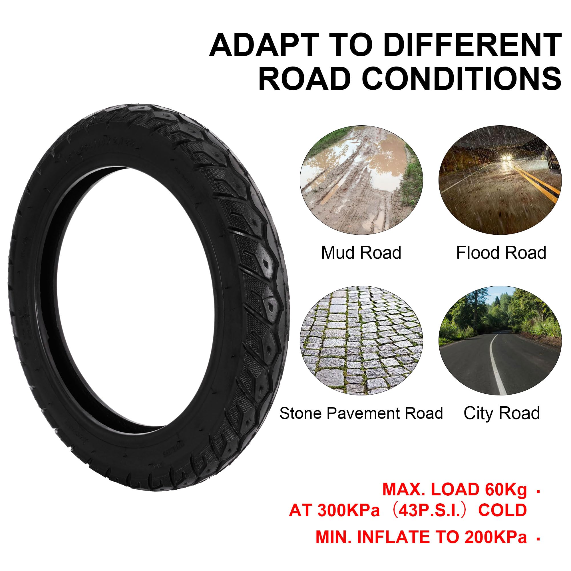 SOGIME tire beside ruler showing 14x2.125 dimensions for accurate sizing