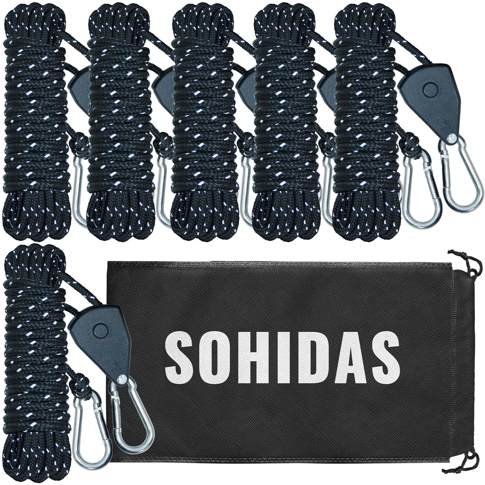 SOHIDAS front package showing six guylines and hardware for fast setup