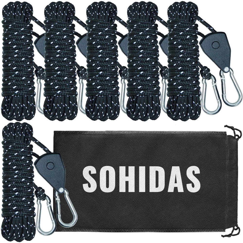 SOHIDAS front package showing six guylines and hardware for fast setup