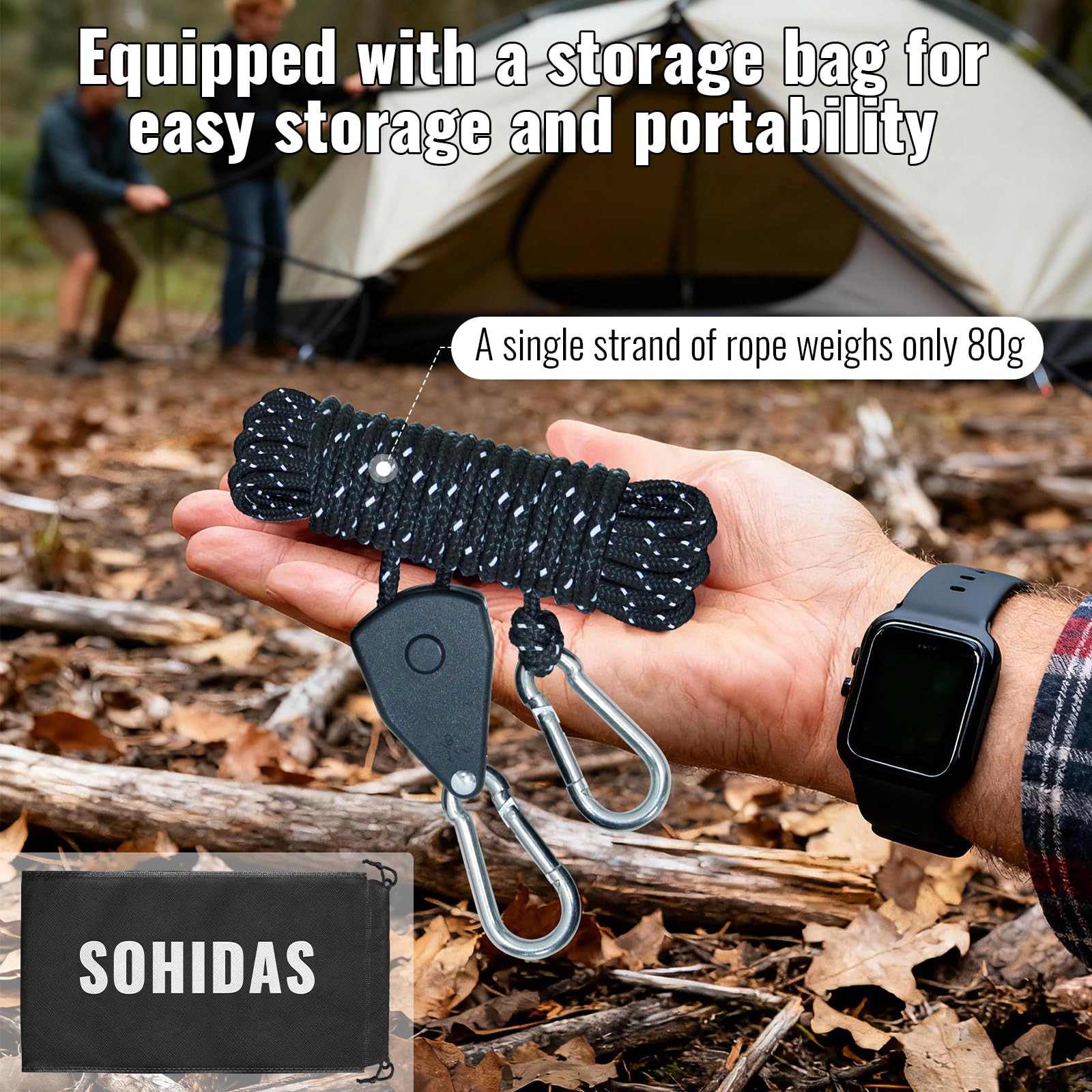 SOHIDAS reflective rope glowing under headlamp to prevent campsite trips