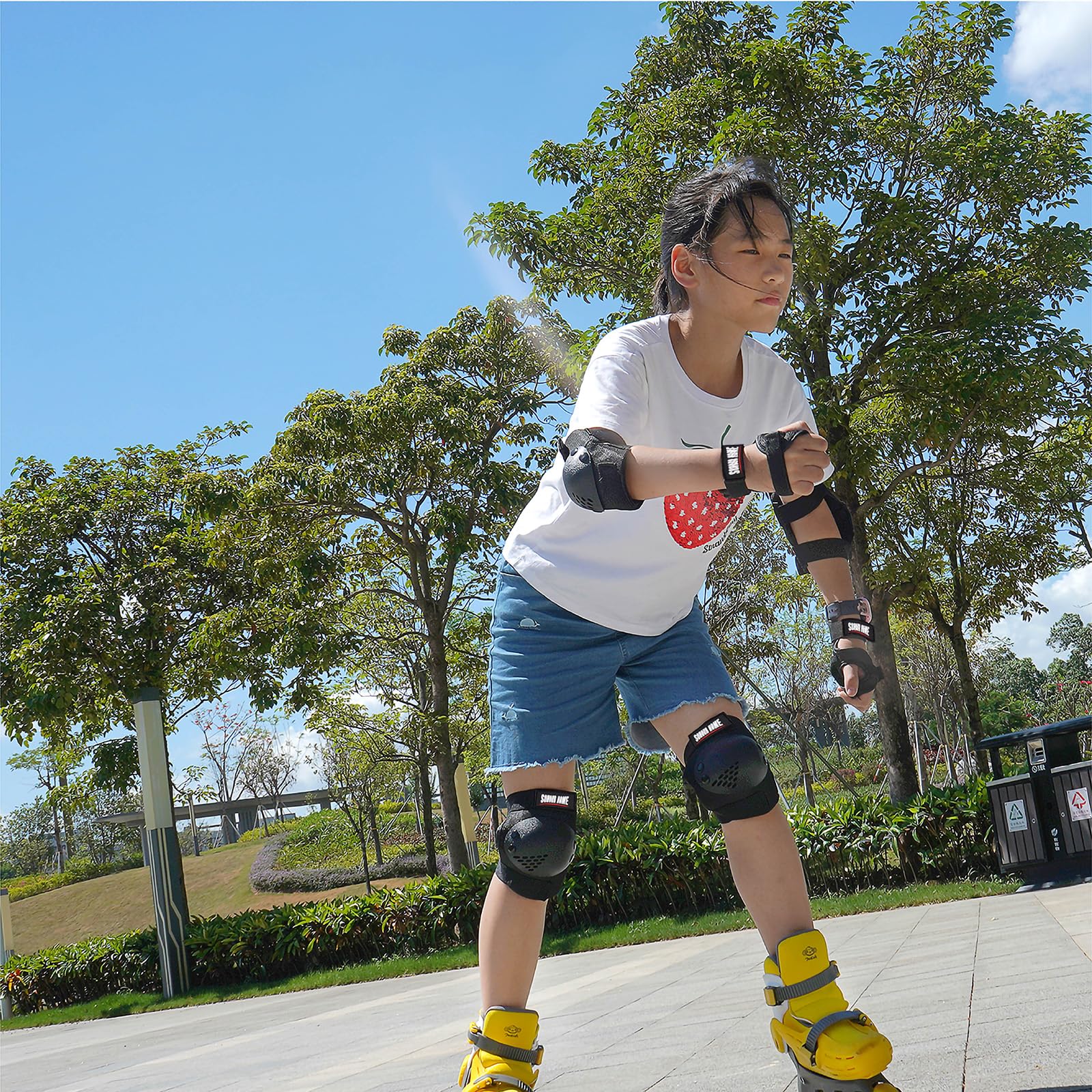 SOHOUR HOME pads worn by child skating demonstrating secure fit and freedom of movement