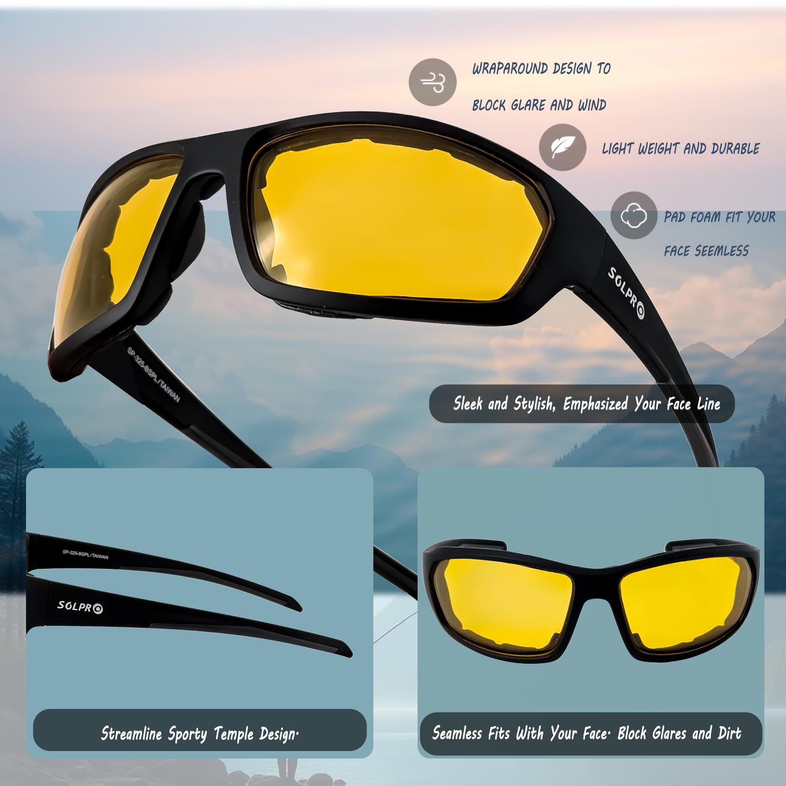 SOL PRO yellow TAC lens detail showing polarized clarity and contrast