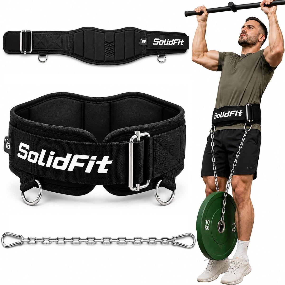SolidFit dip belt front view showing padded neoprene support and D-rings for comfort