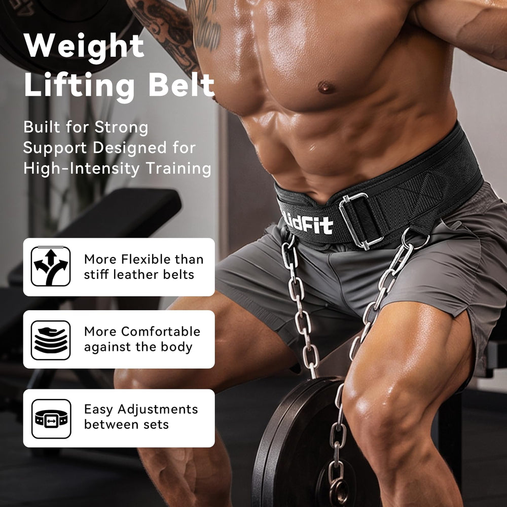 SolidFit belt with weight plates attached highlighting 400 lb capacity and balance