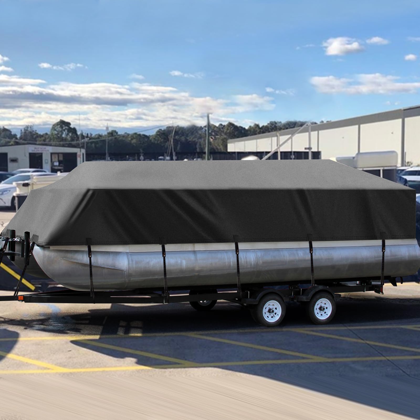 Solim-covered pontoon docked showing weather protection and neat appearance
