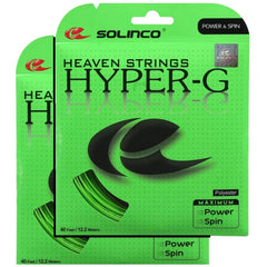 Solinco Hyper-G pack front view showing vibrant green string and enhanced spin performance
