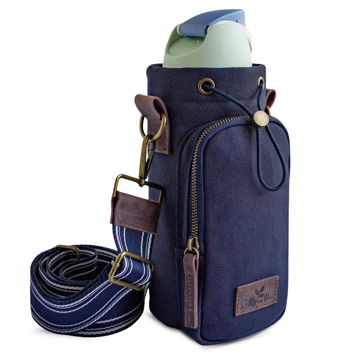 Solly and Rue front view crossbody bottle holder showing compact design and quick access
