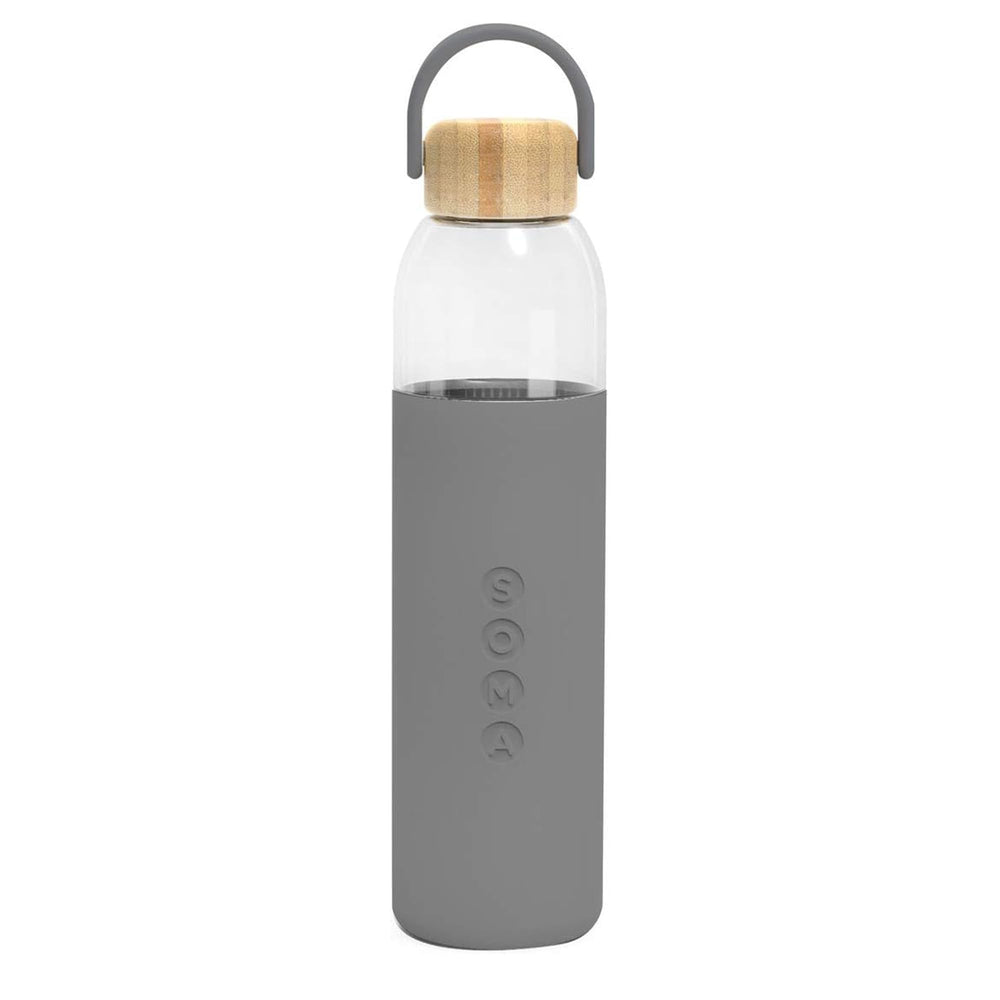 Full Circle Soma bottle front view showing gray silicone sleeve and bamboo cap for clean hydration