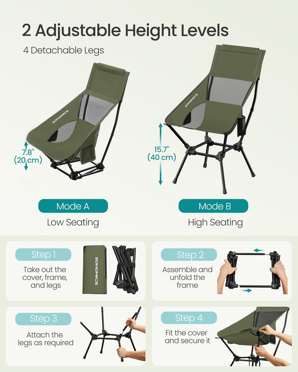 SONGMICS chair at beach setup showing ergonomic comfort outdoors