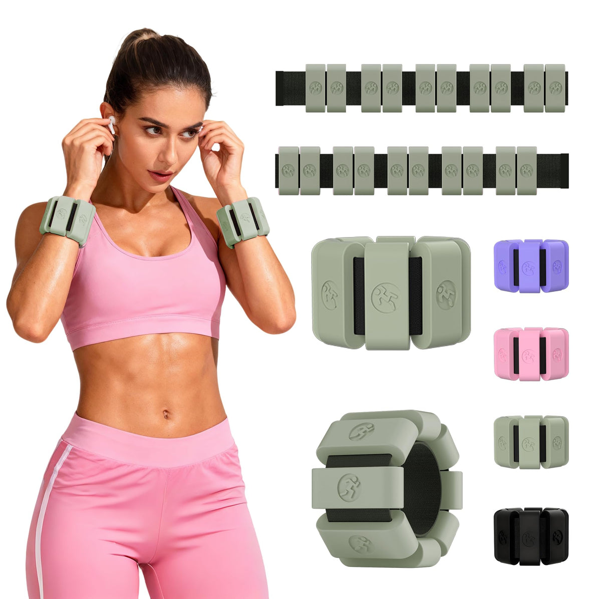 Sonkoloro front view of matcha wrist and ankle weights showing design and fit benefits