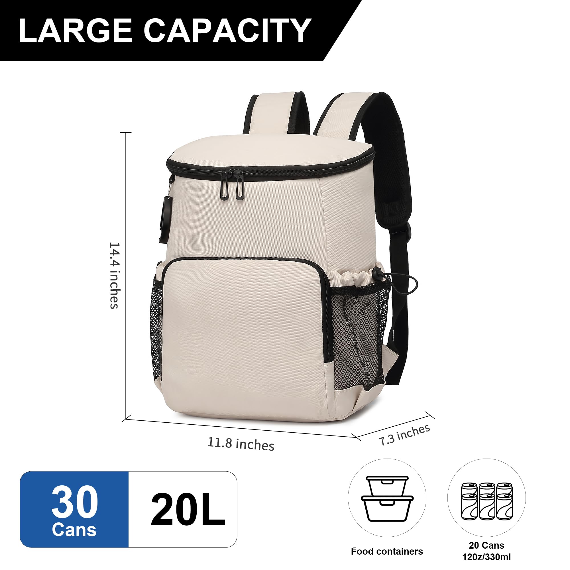 sorozien backpack beside stacked cans showing capacity and size comparison
